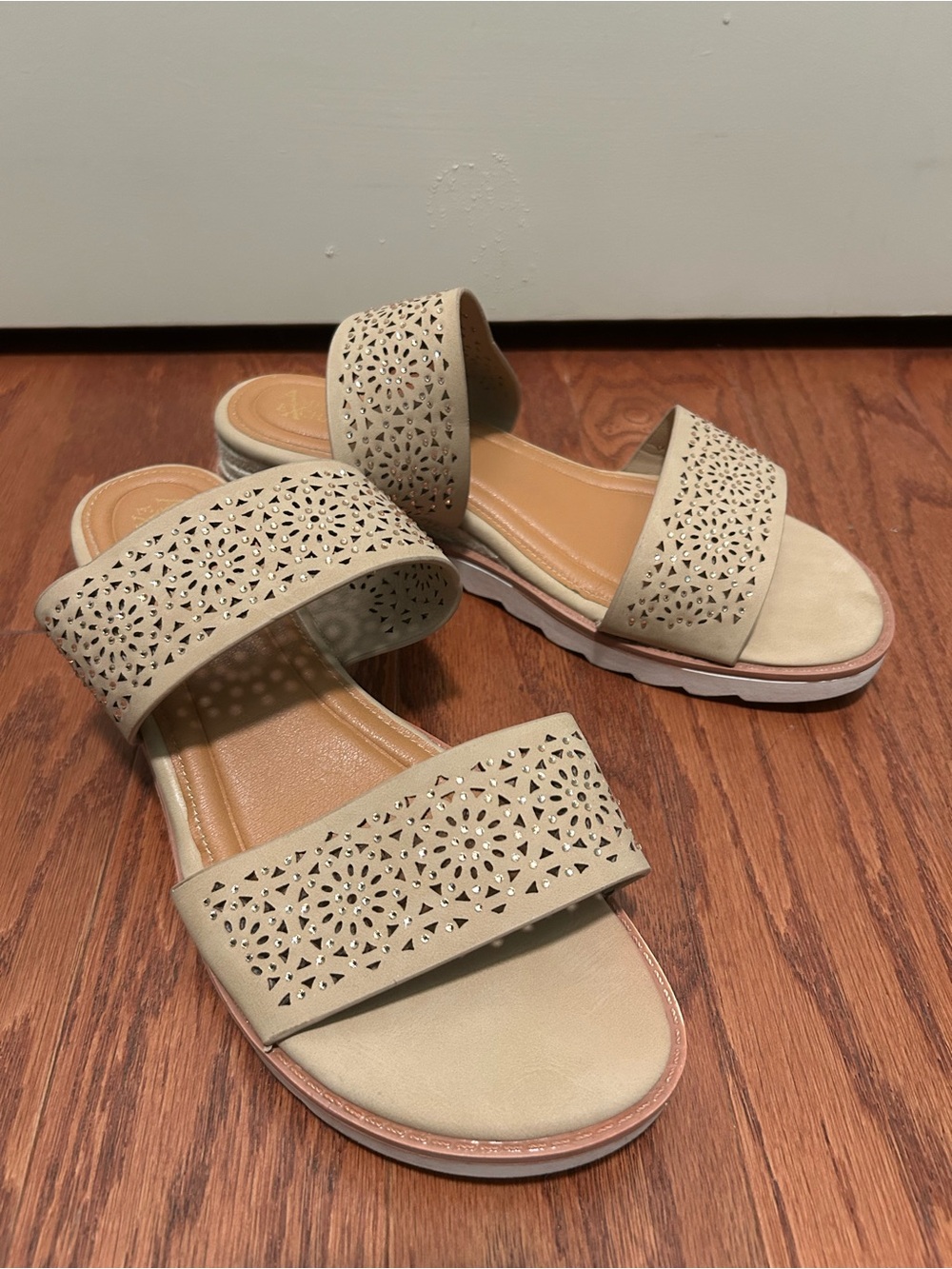 American Exchange Women's Laser-Cut Double Band Slide Sandals - Cream